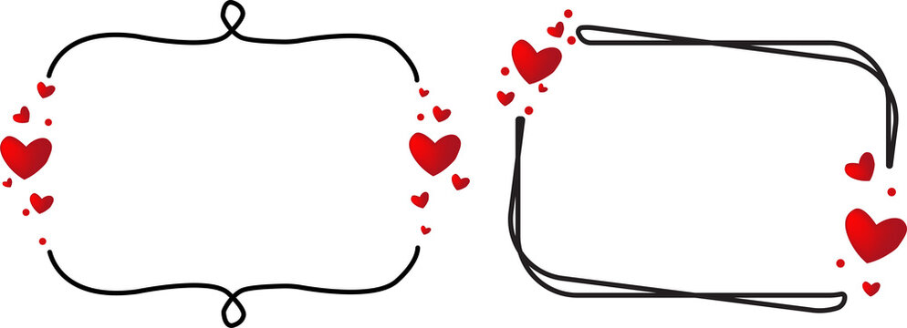 Two decorative hand drawn frames with red hearts for romantic cards