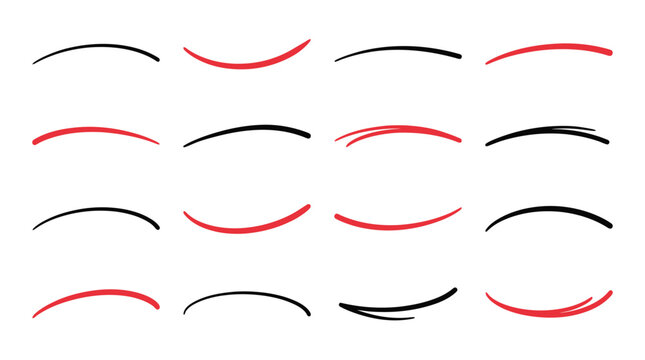 Hand drawn underline swoosh set, red and black curved brush strokes, 16 decorative highlight lines for text emphasis