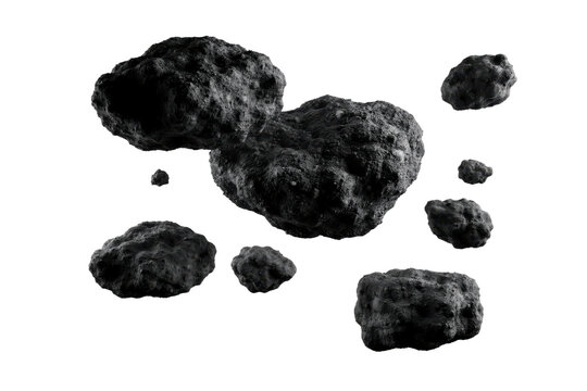 Group of dark porous volcanic rocks and charcoal fragments floating in space isolated on a transparent background