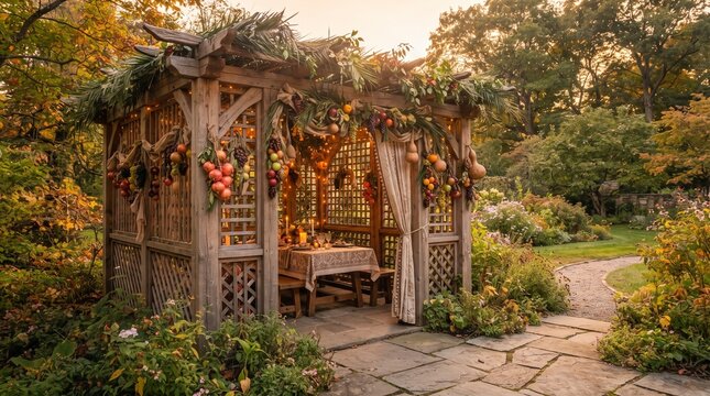 Wooden Sukkah decorated with fruits and fabric in lush garden for Sukkot