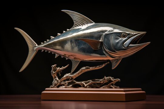 Silver colored tuna fish sculpture representing a successful fishing catch award