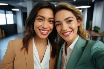 Fototapeta premium Two smiling professional women standing close together in a bright modern office