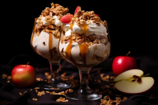 Two glasses filled with layered apple granola, creamy yogurt, and caramel sauce
