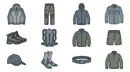Flat Design Collection of Outdoor Clothing and Accessories. © Raden