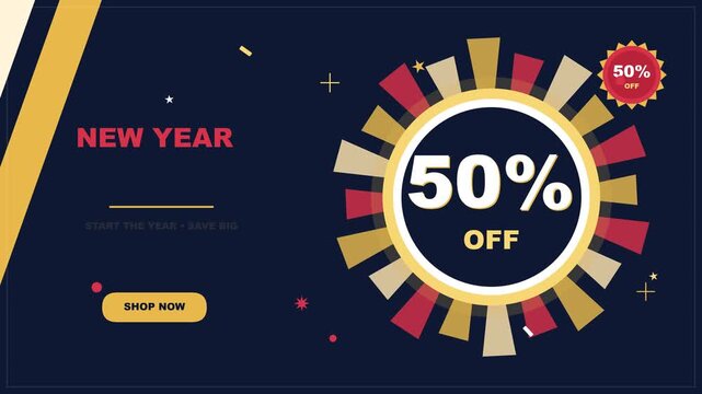 A vibrant promotional banner highlights a significant winter holiday sales event offering fifty percent reductions for shoppers seeking to save money during the festive transition into the new
