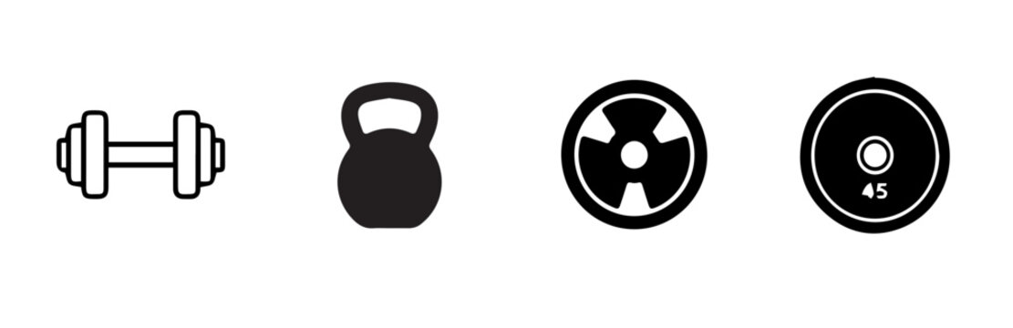 Fitness and gym icon set with 4 glyph style illustrations including dumbbell, kettlebell, weight plate and workout symbols for sport design