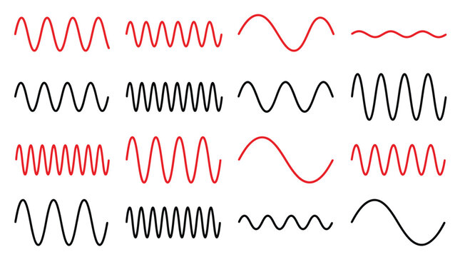 Minimalist sine wave collection, 16 sound frequency vector icons, red and black pulse signal set for audio and scientific data visualization