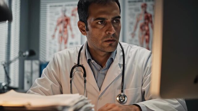 Stressed doctor rubbing forehead at desk with medical charts. Overworked healthcare professional. Burnout concept