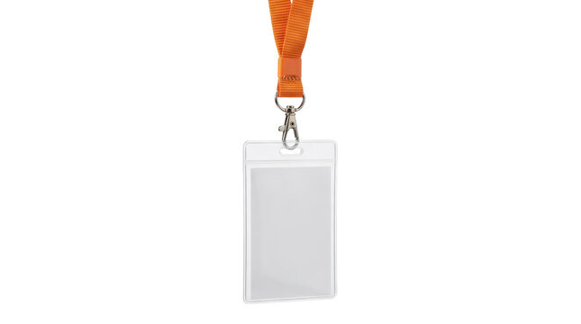 Clear plastic badge holder with orange woven lanyard and metal swivel clip on white background