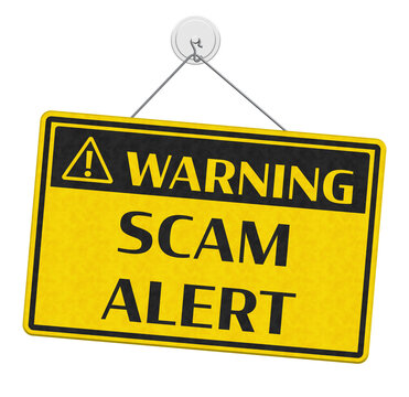 Scam Alert yellow warning sign isolated on white