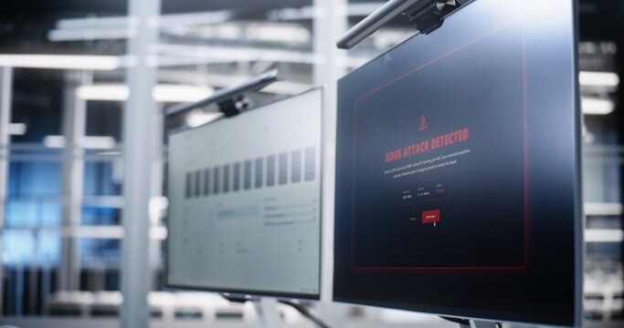 Server Monitoring Dashboards Display Live Infrastructure Metrics as DDoS Attack Detected Alert Appears, Illustrating Cybersecurity Threats, Network Security, Data Center Protection, Incident Response.