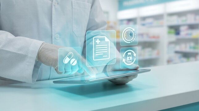 Pharmacist using a digital tablet with medical interface icons in a pharmacy