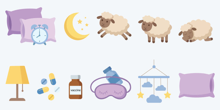 Sleep and insomnia icon set with pillow alarm clock moon sheep lamp pills medicine bottle sleeping mask baby mobile and cushion flat vector illustration collection