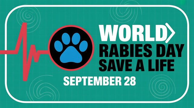 World rabies day poster with paw print and heart beat line