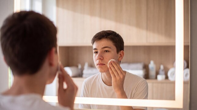 Teenage boy cleaning his face with a cotton pad in front of a bathroom mirror during daily skincare routine.