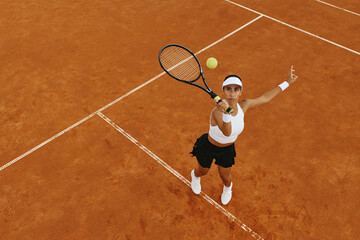 High angle shot of young adult multiethnic woman serving ball with tennis racket on clay court....