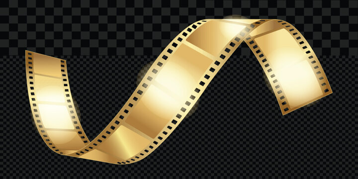 Golden film strip reel curved ribbon on transparent background for cinema movie and entertainment design element