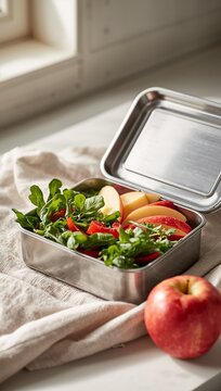 Stainless steel lunch box filled with fresh green salad, sliced fruits, and whole red apple on a cloth napkin.