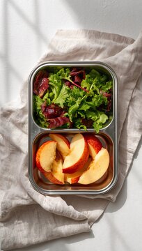 Stainless steel lunch box filled with fresh green salad, sliced fruits, and whole red apple on a cloth napkin.