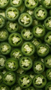 Fresh green jalape&ntilde;o chili pepper slices with seeds creating a vibrant spicy food pattern.