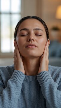 Relaxed young woman with eyes closed gently touching her face and neck enjoying peaceful mindfulness at home.