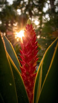 Vibrant red bromeliad flower blooming with green variegated leaves in warm golden hour sunset light.