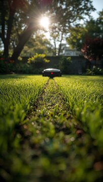 Automatic robotic lawn mower cutting green grass in sunny garden with lens flare.