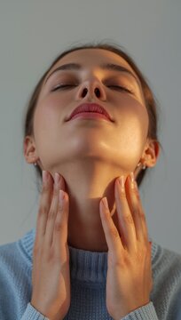 Young woman with closed eyes gently touching her neck during skincare massage and wellness beauty treatment.
