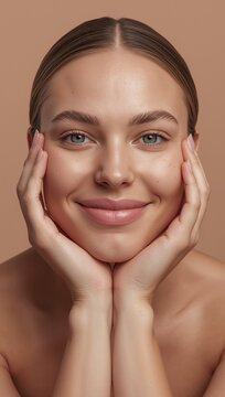 Smiling young woman with natural makeup and glowing skin touching her face with both hands on beige background.