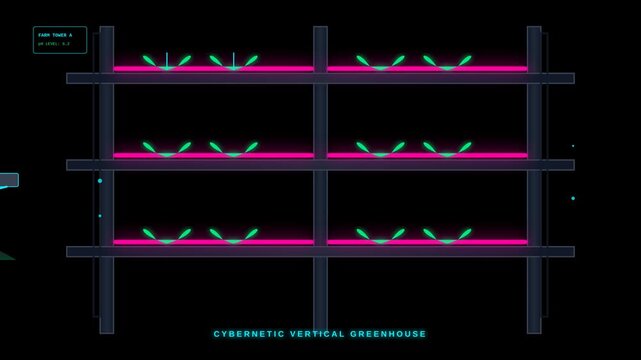 Futuristic Cybernetic Vertical Greenhouse Farming Concept with Growing Hydroponic Plant Shelves