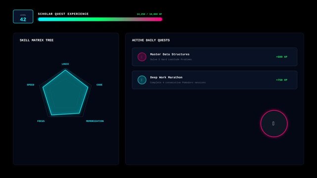 Futuristic Digital Dashboard Interface with Skill Matrix Tree and Daily Quest Tracking Progress