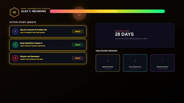 Futuristic Gamified Student Dashboard Interface Featuring Progress Tracking and Educational Quests