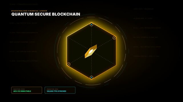 Quantum Secure Blockchain Decentralized Digital Ledger with Rotating Gold Cube Animation