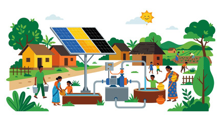 Naklejka premium Indian Rural Village Life with Solar Powered Water Pump System Illustration