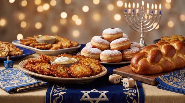 Traditional Hanukkah festive table with latkes sufganiyot challah bread and menorah