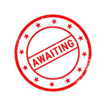 Red awaiting rubber stamp icon, circular grunge seal with stars, distressed office ink mark for pending status and logistics