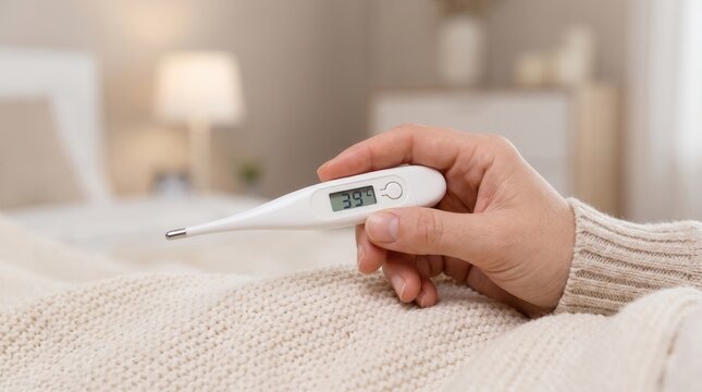 Person holding a digital thermometer while lying in bed with a high fever