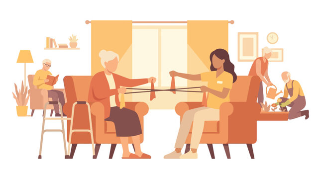 Assisted Living and Elderly Care Community Activities Illustration