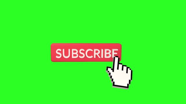 3D red subscribe button being clicked by hand cursor pointer on green screen background for video overlay