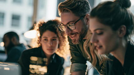 Obraz premium Diverse Business Team Collaborating Closely in a Bright Modern Office