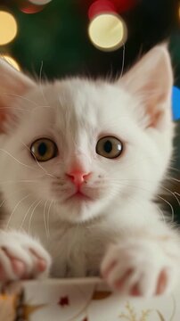 This image shows a small white kitten nestled inside of a gift box. The kitten has pale green eyes and a pink nose. Soft colorful holiday lights create a bokeh effect in the background.