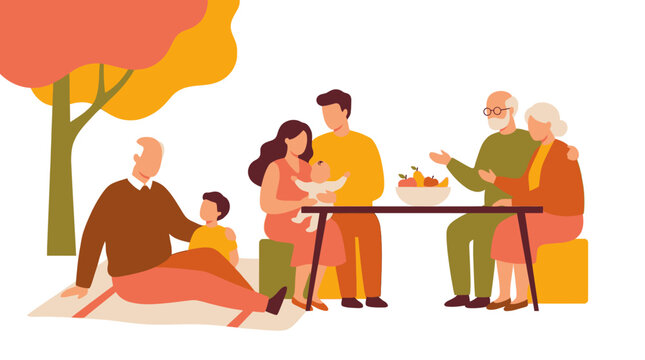 Happy multigenerational family gathering outdoors for a picnic under autumn trees in flat vector style