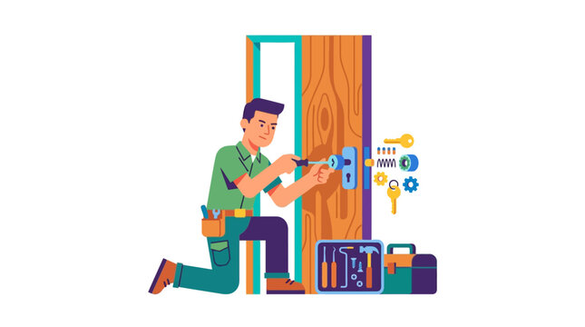 Locksmith fixing a door lock with tools in flat vector illustration