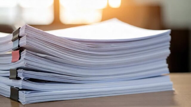 Stack of documents with paper clips on a wooden desk