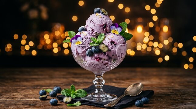 Gourmet Blueberry Ice Cream Sundae with Fresh Berries and Mint