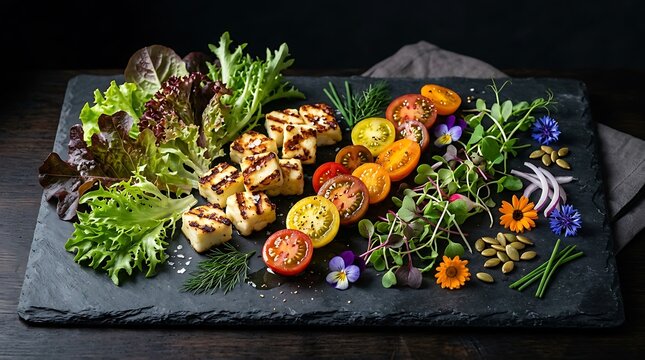 Grilled Halloumi Salad with Microgreens and Cherry Tomatoes on Slate