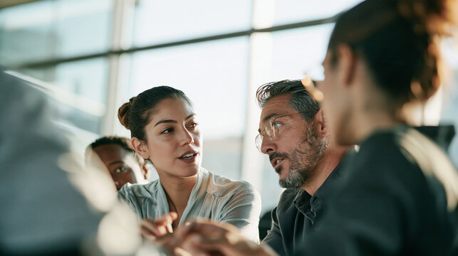 Group of Coworkers Leaning In to Solve a Problem Together at Work