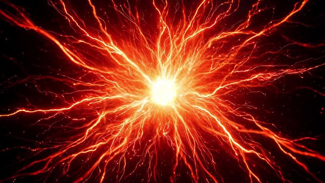 Pulsating energy core emitting red electrical discharges. Abstract digital video of glowing power source with lightning patterns.