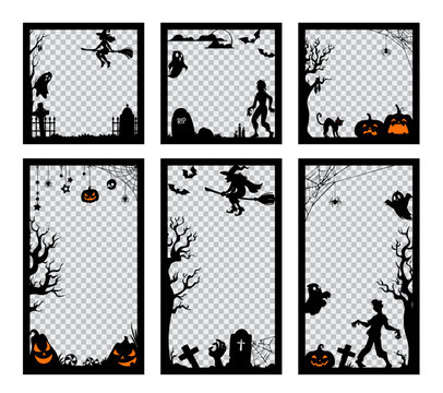 Halloween photo frames, social media post vector templates with spooky borders of horror pumpkins, bats and witch on broom silhouettes. Halloween night cemetery scary tree, zombie and skull frames set