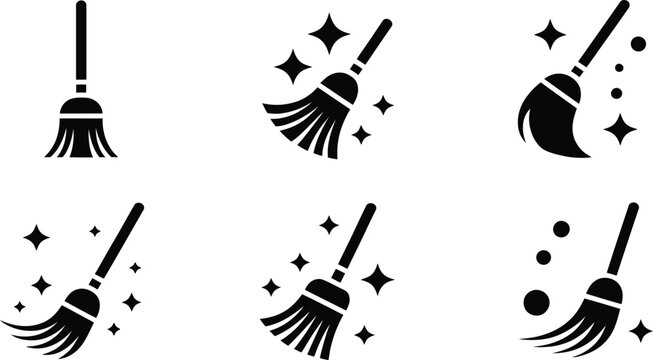 Broom sweeping and cleaning icons vector illustration